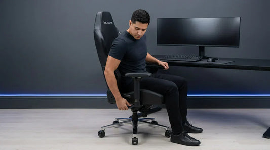 Gamer adjusting the recline lever on a gaming chair — tilt, height, and recline adjustability for ergonomic posture