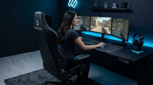 Gamer at a triple-monitor battlestation with a gaming chair and blue RGB — choosing the right chair for your setup