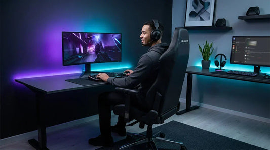 Gamer in a hoodie seated in an ergonomic high-back gaming chair at a dual-monitor battlestation — lumbar support setup