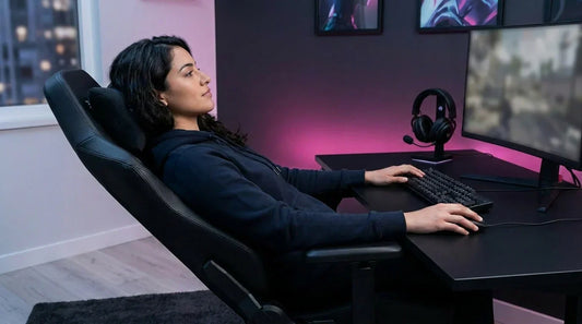 Gamer reclined in a gaming chair with headrest pillow supporting the neck — proper cervical spine alignment for comfort