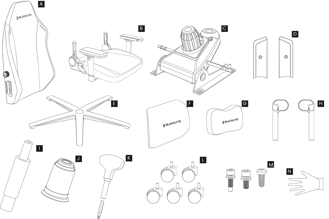 Blacklyte Athena gaming chair assembly parts and tools 