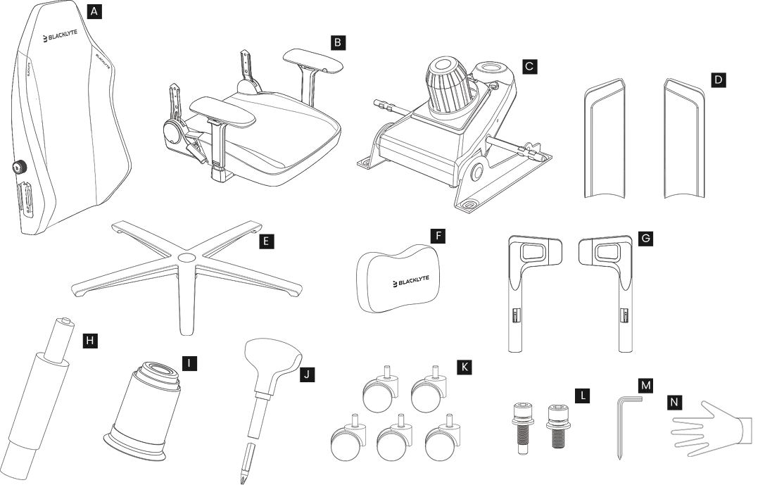 Blacklyte Athena Pro gaming chair assembly parts and tools 