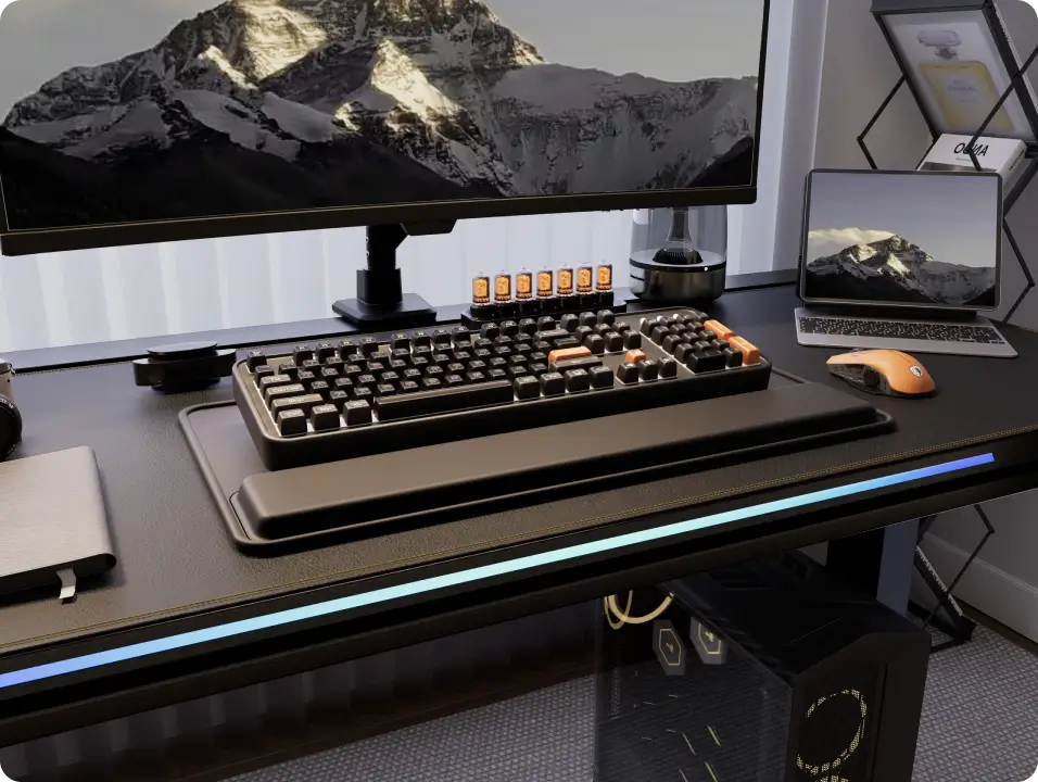 Height-adjustable standing gaming desk with ergonomic edge design