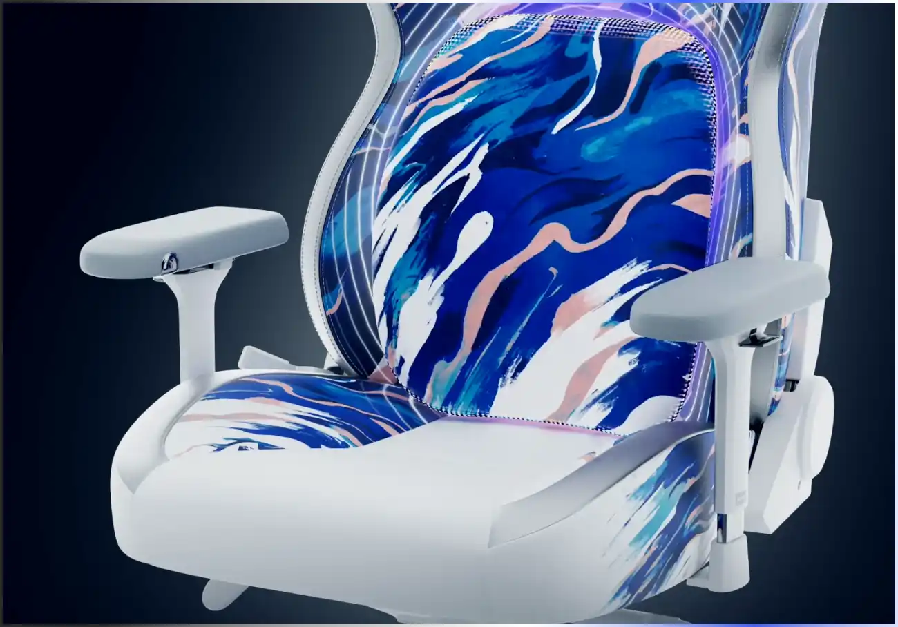 Kraken Pro Team Liquid chair seat with blue splatter artwork and dynamic lumbar support
