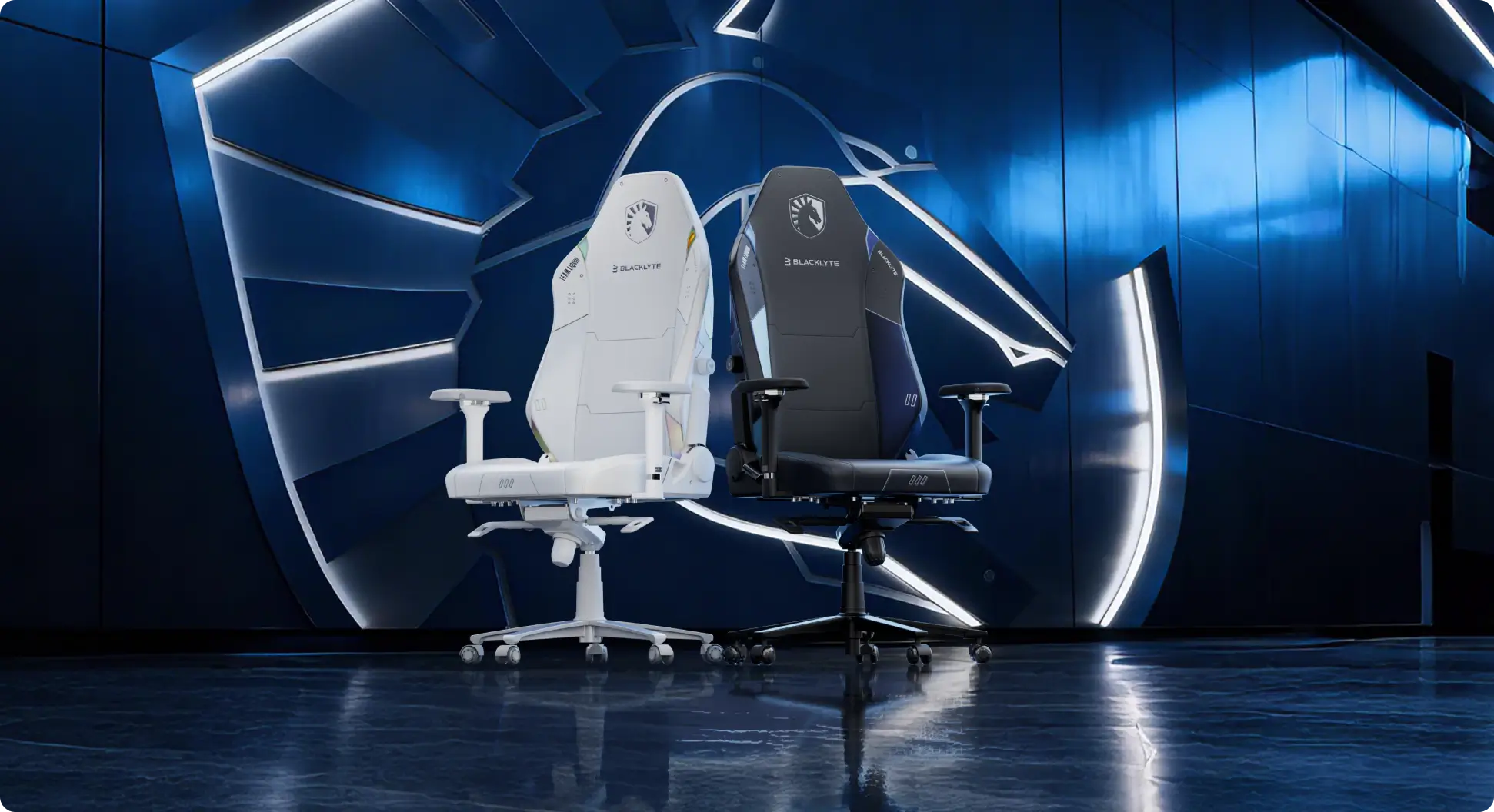 Liquid gaming chair in white and blue with ergonomic design